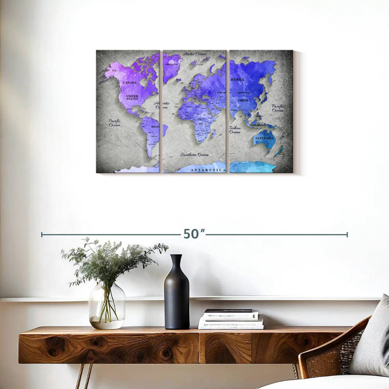 Carte du monde Hued - 3 pièces de toile tendue, H 20 po x l 33 po x P 1,25 po