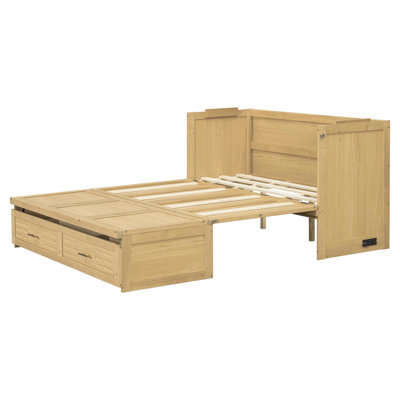 Grand lit escamotable avec station de charge et tiroir de rangement divisé, armoire-lit en bois de pin massif avec panneaux à rainures linéaires encastrées, finition noyer clair