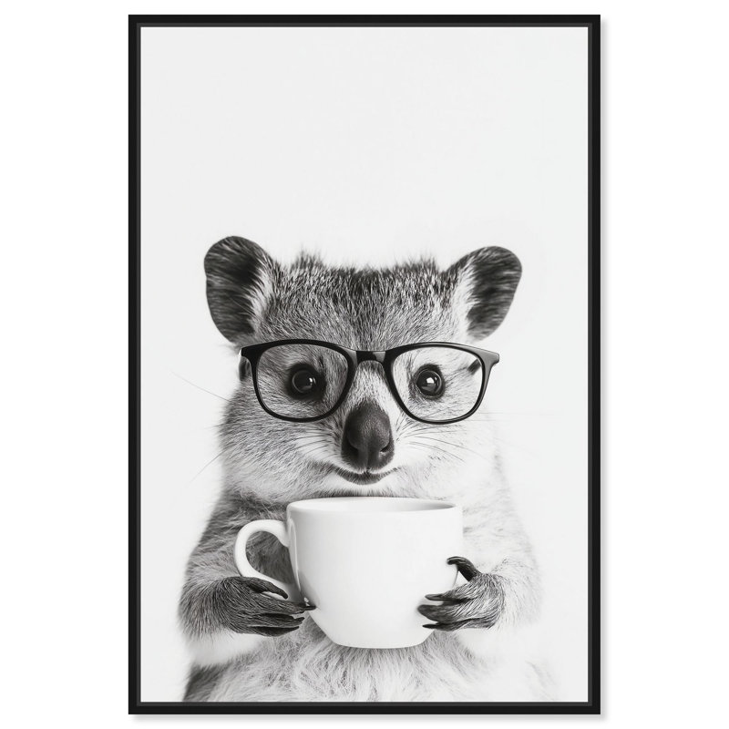 Toile d'art koala avec verres et une tasse Art Remedy, Cadre flottant noir, H 16 po x l 11 po