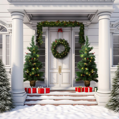 Ensemble de 4 lumières de Noël pré-éclairées à DEL - guirlande, couronne et ensemble de 2 arbres d'entrée