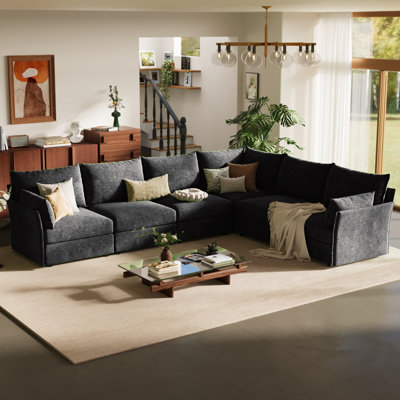 135.5 W''  L-Shaped Modular Sectional Sofa With Plush Cushions, Corner Design With 6 Seater For Cozy Living Room,Chenille Black