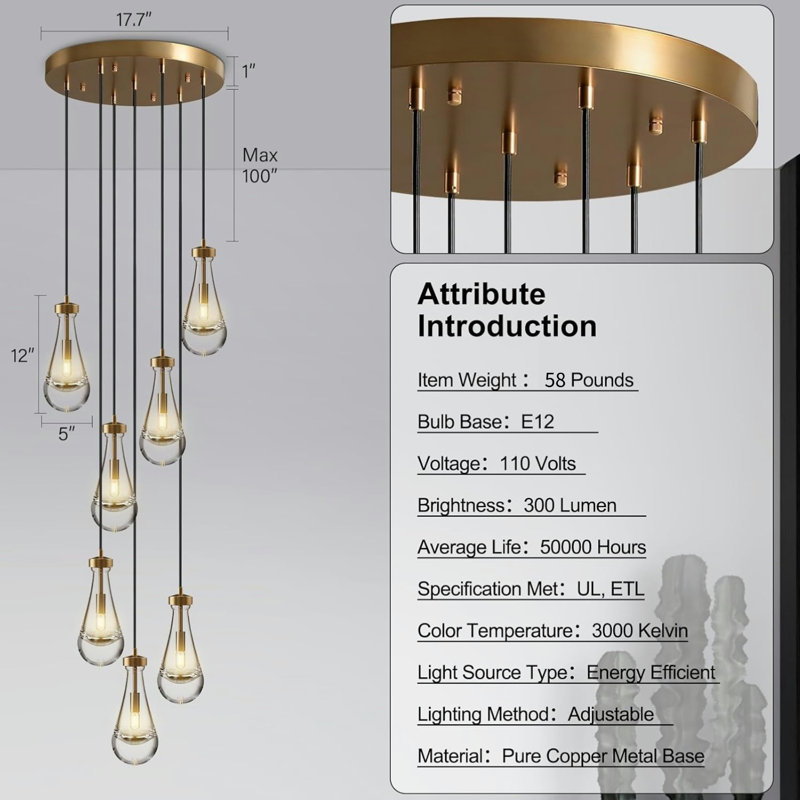 Luminaire suspendu H100 "Raindrops 7 lumières, Laiton