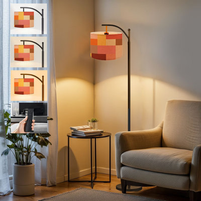  Arc Floor Lamp Modern abstract seamless geometric stripes squares rectangles retro Tall Modern Standing Lamp LED Adjustable Linen Lampshade 3 Color Temperatures