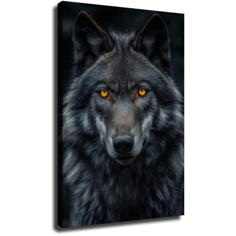 Tableau grand format sur toile représentant un loup sombre, décoration murale avec des loups majestueux aux yeux ambrés, portrait d'animal sauvage