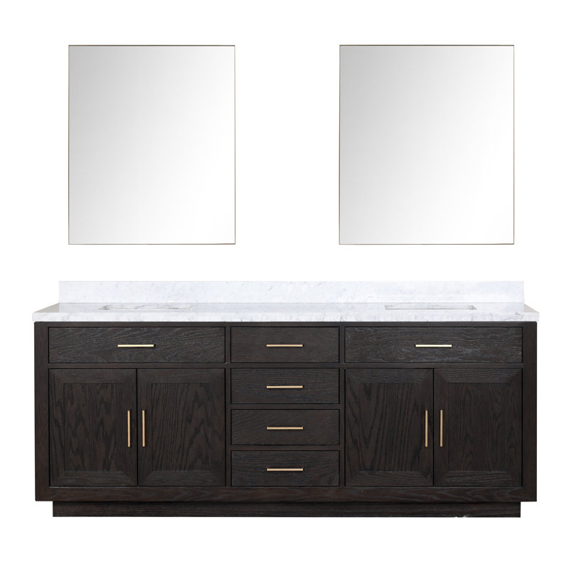 84" Double Bathroom Vanity Set with Mirror, Black Oak, White Carrara Marble