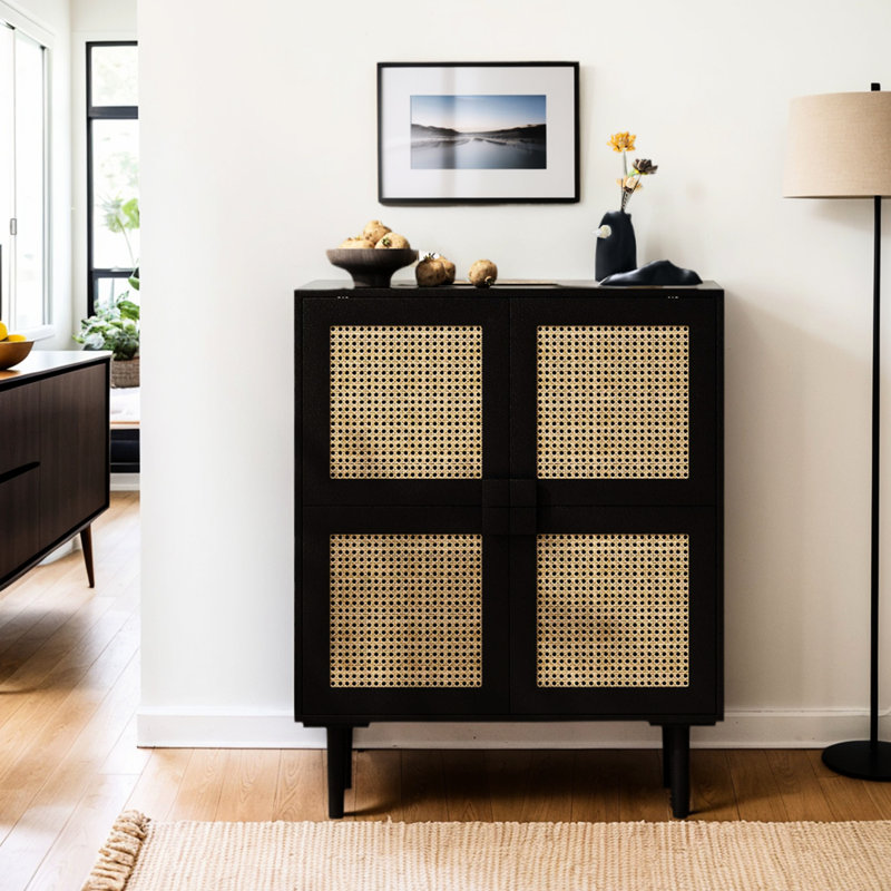 Armoire de rangement en maille noire avec poignées en losange - Buffet d'entrée pour 8 chambres à coucher, Noir/naturel