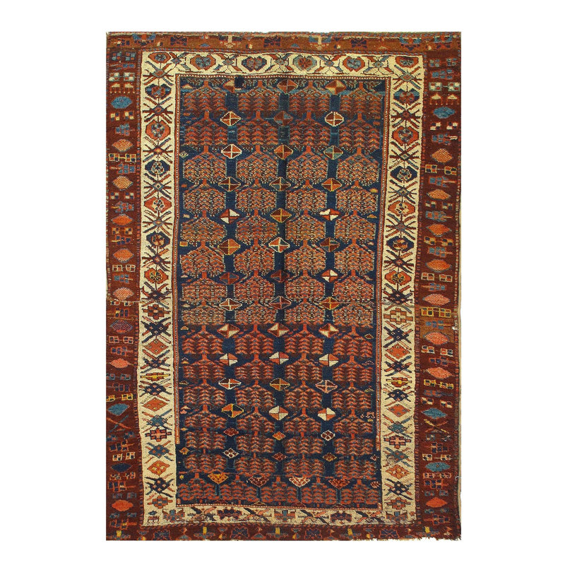 Tapis bleu marine / brun à motif oriental en laine / coton 4 pi 4 po x 6 pi 5 po Oriental