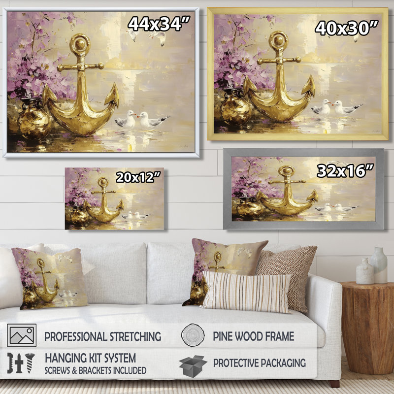 Ancre et mouettes I - reproduction d'art côtier, H 34 po x l 44 po, Impression dans un cadre flottant sans passe-parto, Gold