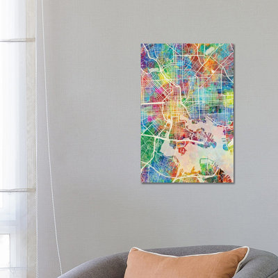 Baltimore MD Map Color by Michael Tompsett - Wrapped Canvas Gallery-Wrapped Canvas Giclée