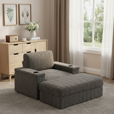 42" Faux Rabbit Fur Convertible Sofa Bed & Chaise With Storage Ottoman, Cup Holders & Hidden Storage