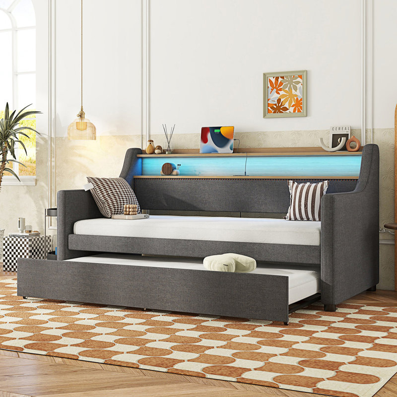 Wingo Upholstered Daybed With Trundle And LED Lights, Gray