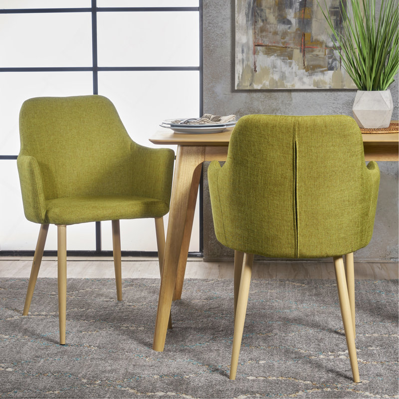 Ensemble de 2 fauteuils de salle à manger rembourrés en tissu Mid-Century, vert et noyer clair