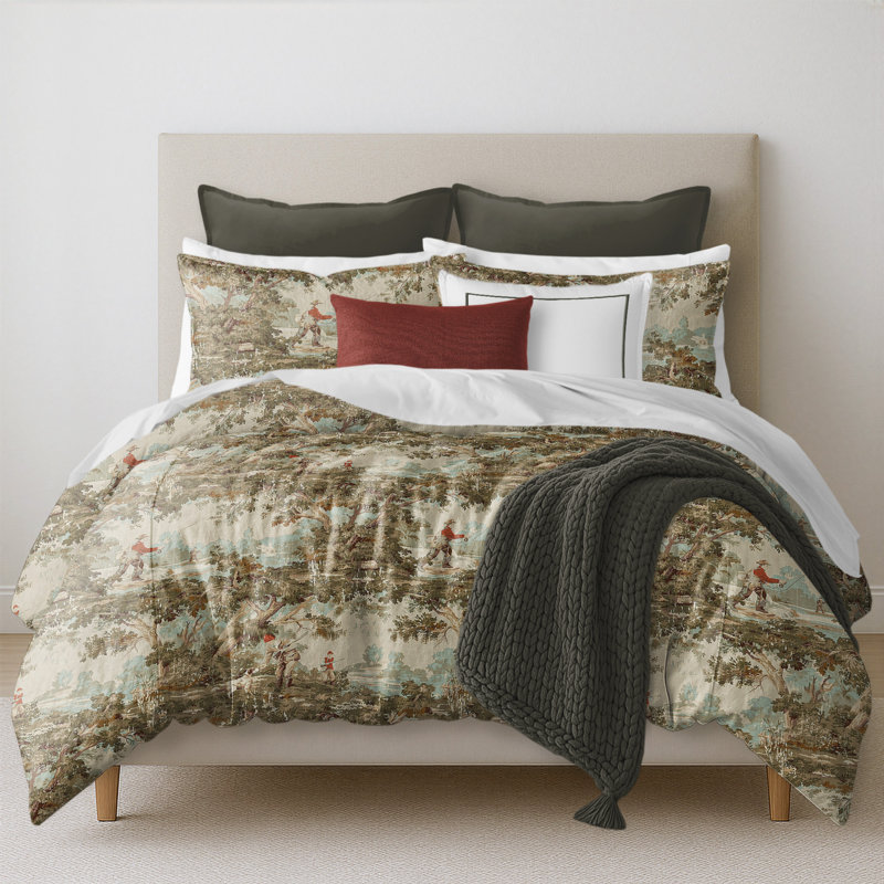 Greenwood Ivory/Red Linen Duvet Cover Set, King Duvet + 2 Queen Shams