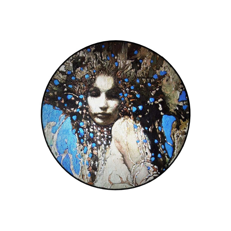 Multicolored Woman Portrait And Floral Patterned Round Woven Base Modern Decorative Carpet, Round 3'4"
