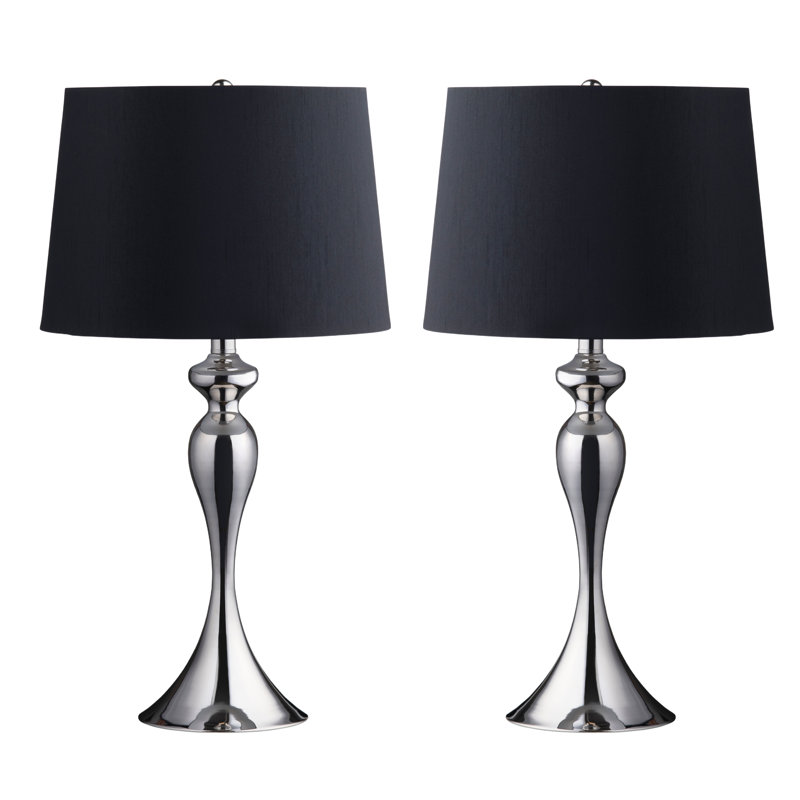 Set Of 2 25.5" Steel Table Lamp W/ Linen Shade, Chrome, Black