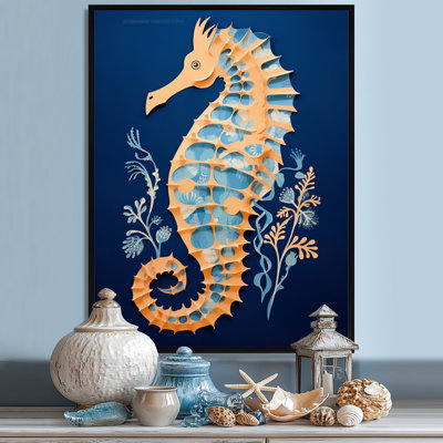 Hippocampe doré bleu sur fond bleu foncé - Hippocampe, art mural de salon