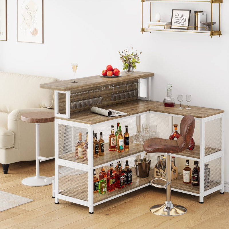 L-Shaped Home Bar Unit With Stemware Racks And LED Light, Bar Table With Storage