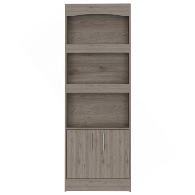 Simma Bookcase, Metal Hardware, Three Shelves, Double Door Cabinet -Light Gray