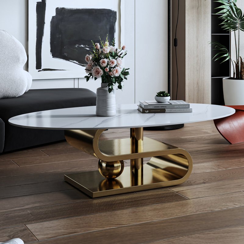 Milliano Minimalist Faux Marble Coffee Table with S-Shape Stainless Steel Base, Gold