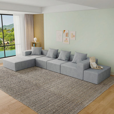 Modular Sectional Sofa Gray Couches 4 Seat Modular Foam Sectional Couches For Living Room With 2 Ottoman, Cloud Couch With Oversized Chaise (132.2x77.2x23.6inch)