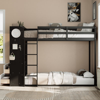 Lit superposé simple avec 4 tiroirs de rangement, tringle à suspendre, double et triple, pour garde-robe de chambre à coucher intégrée, éclairage intelligent