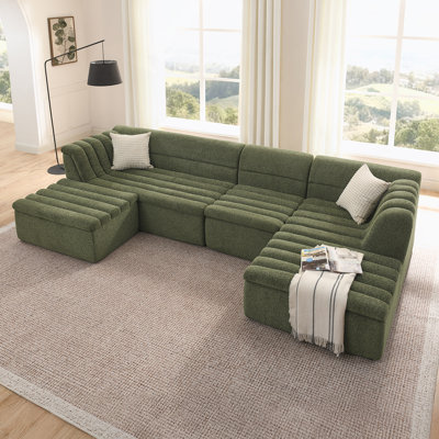 135" U-Shaped Modular Sectional Sofa With Chaise And Movable Ottoman For Living Room, Chenille Upholstered Boneless Couches With Wave-Shaped Armrest, No Pillows Included