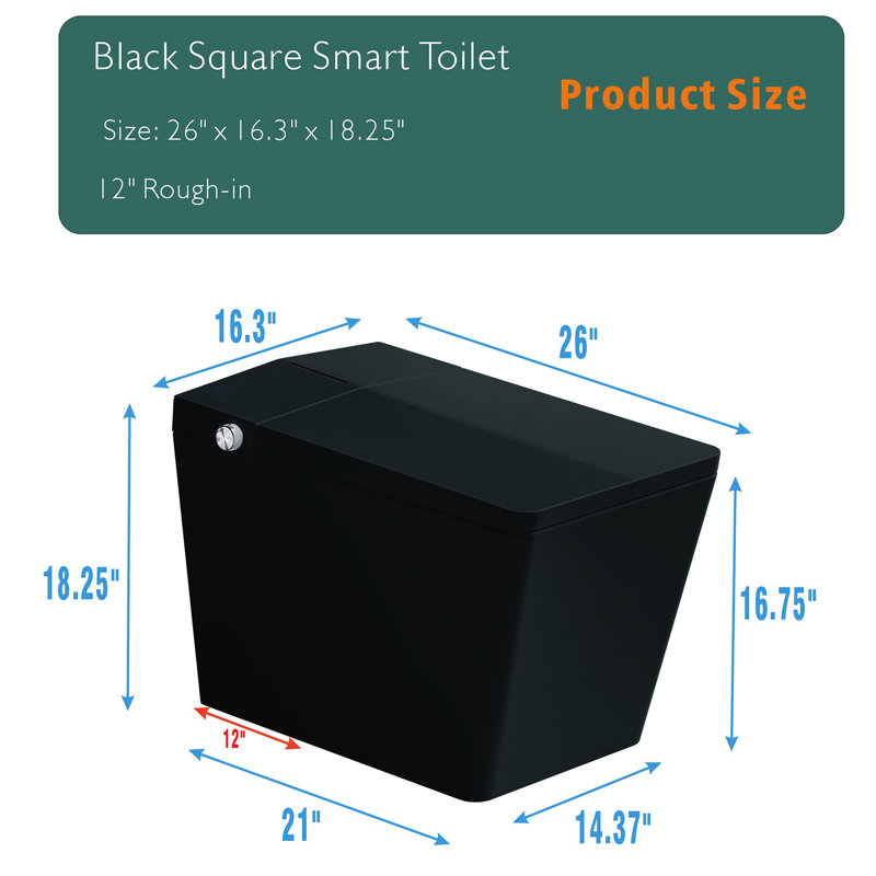 Bathroom Smart Toilet With Built-In Tank, Auto Flush, Heated Seat, Remote Control, Led Display, Black Square Growth Trim