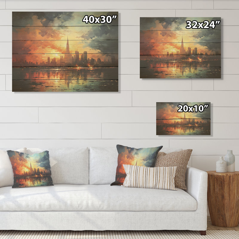 Modernisme, horizon urbain, art sur bois de pin naturel, H 10 po x l 20 po