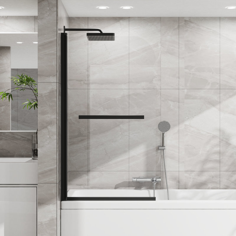 Pare-baignoire 31 po x 55 po, panneau de verre trempé pivotant à 180 ° avec poignée en acier inoxydable 304, finition noir mat