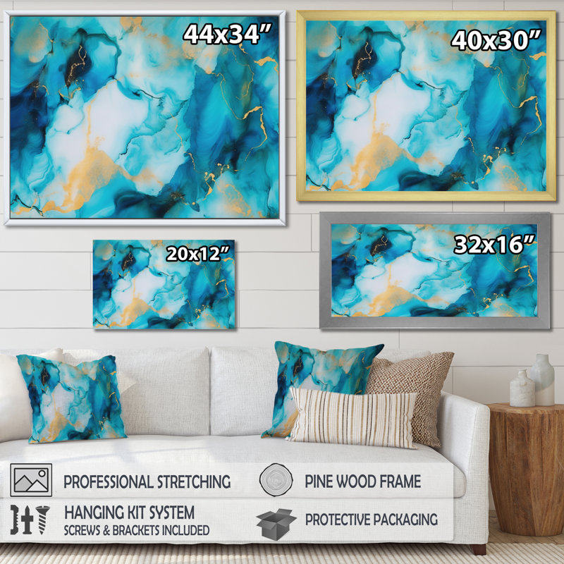 "Turquoise Luxury", reproduction d'art abstraite encadrée sur toile, H 30 po x l 40 po x P 1,5 po, Toile tendue