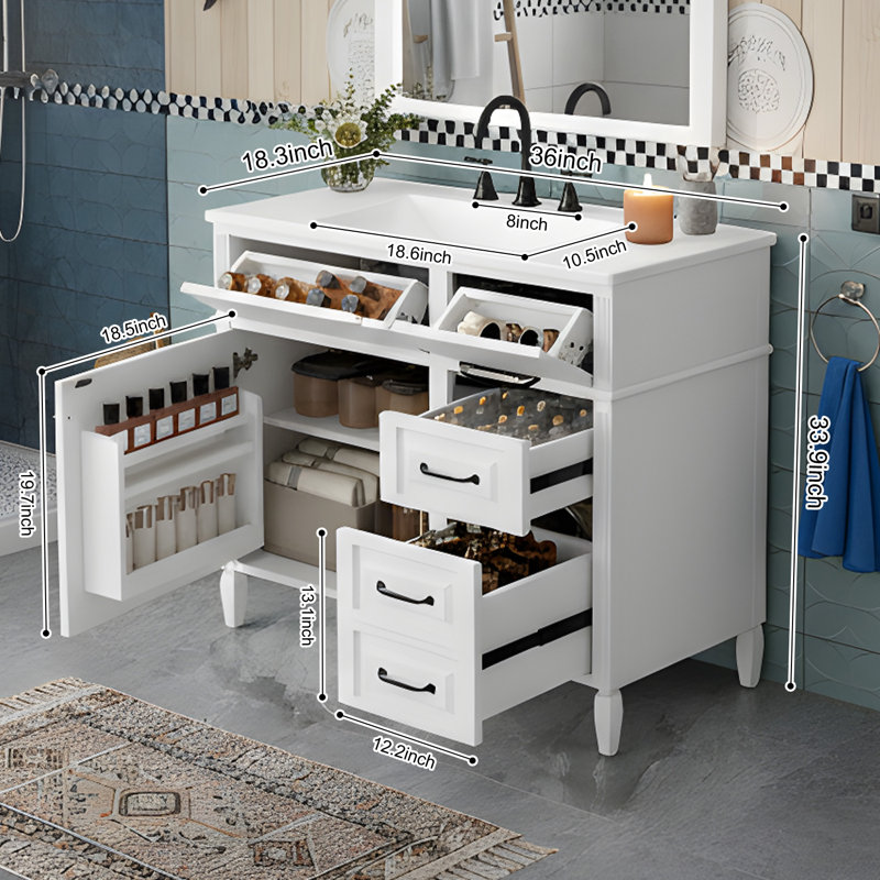 Armoire de meuble-lavabo 36 po avec comptoir en céramique, Blanc