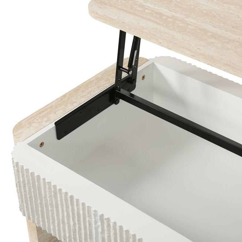 Table basse rectangulaire moderne à plateau relevable, fini beige et jaune, matériau, surface de travail flottante pour une assise confortable, compartiments de rangement, design contemporain avec pieds fuselés et bois chaleureux.