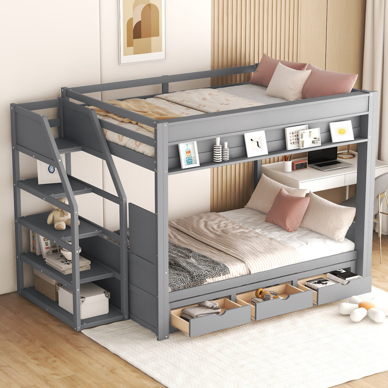 Lit superposé convertible en bois pleine grandeur avec escalier de rangement, table de chevet et 3 tiroirs, Gris