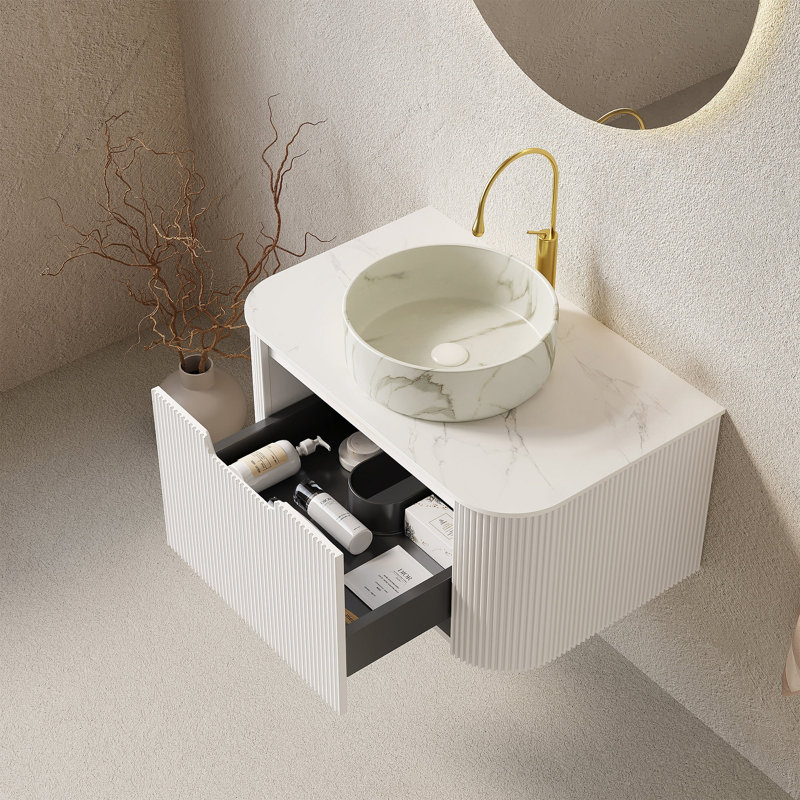 Meuble-lavabo 30 po, armoire de salle de bain en contreplaqué rayé à bords arrondis avec tiroir, vasque en céramique blanc mat et plateau en pierre frittée, pré-assemblé, couleur blanche