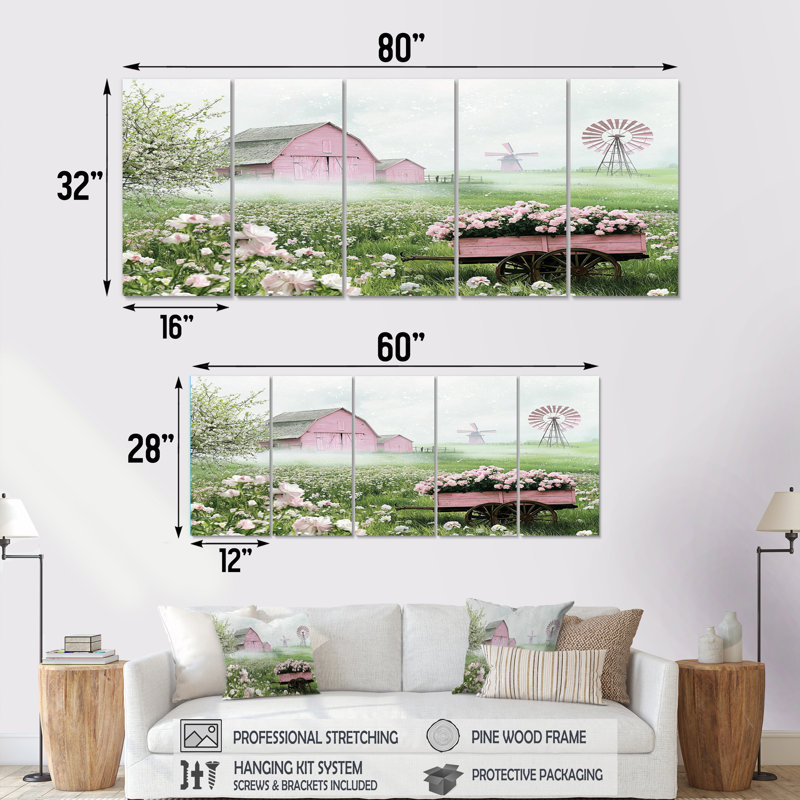 Paysage de ferme en tons de rose et vert I - ensemble d'art mural sur toile, H 32 po x l 80 po