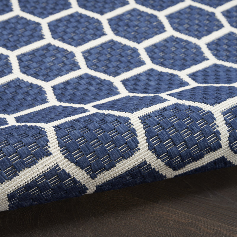 Tapis bleu marine intérieur / extérieur réversible à motif géométrique Kurmanbek, Tapis de couloir 2 pi 2 po x 10 pi