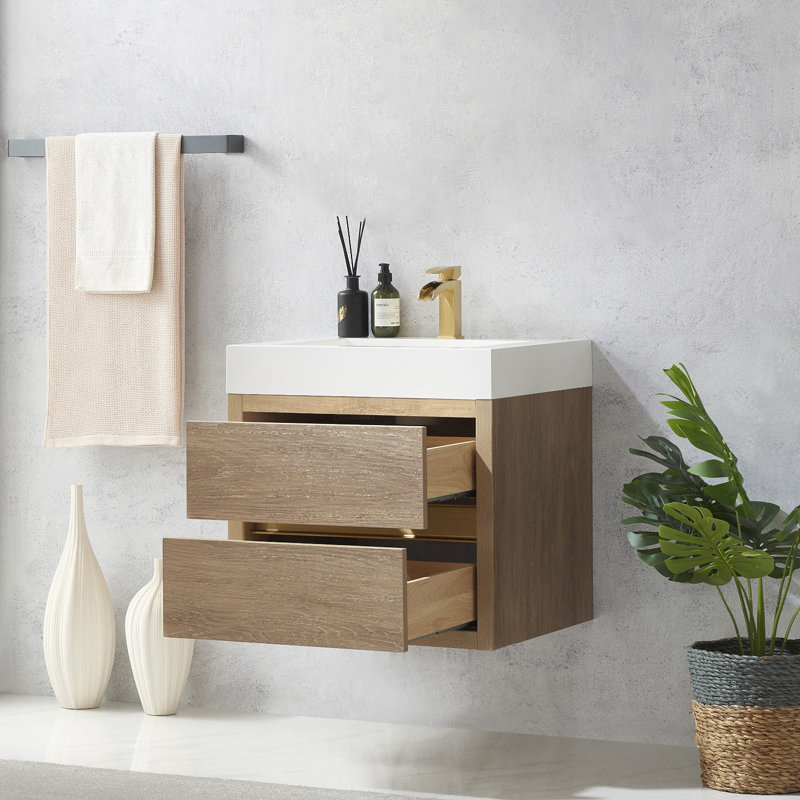 Ensemble de meuble-lavabo mural simple 24 po Vali, Finition chêne nord-américain, Blanc