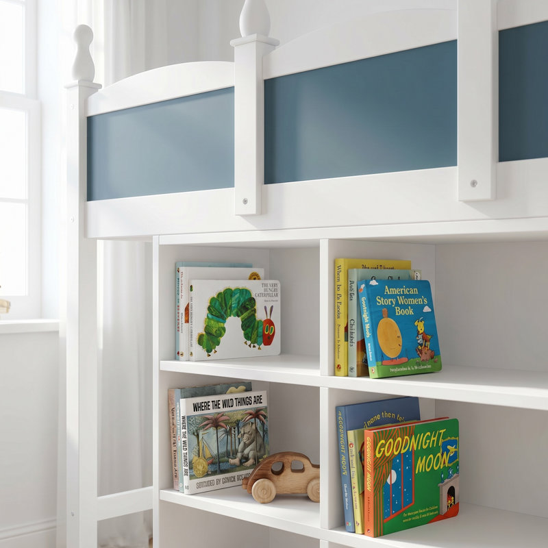 Grand lit mezzanine double en bois massif avec tablettes de rangement et glissoire amovible, Twin, White+Blue