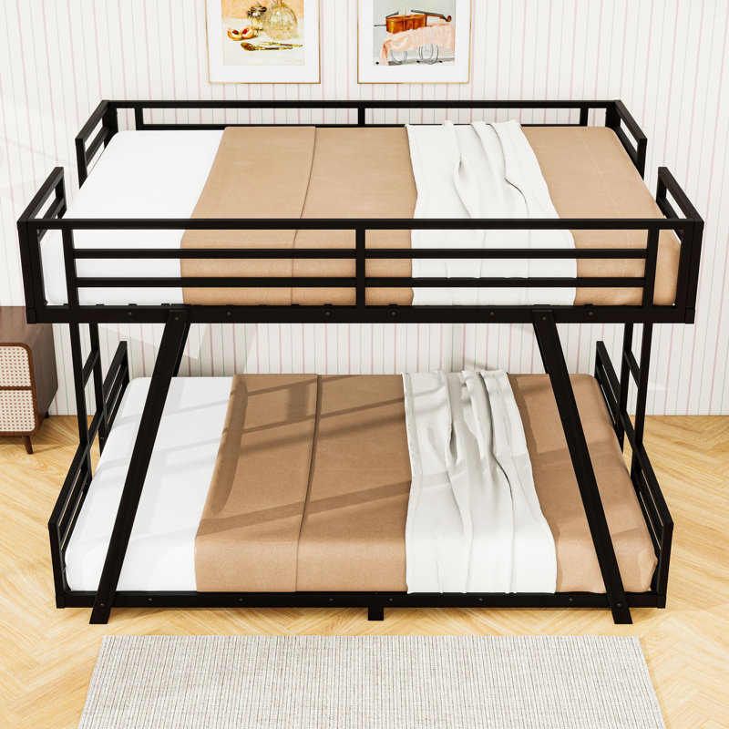 Metal Bunk Bed with Dual Side Ladders, Reinforced Support Legs & Low Profile Frame, Queen Over Queen