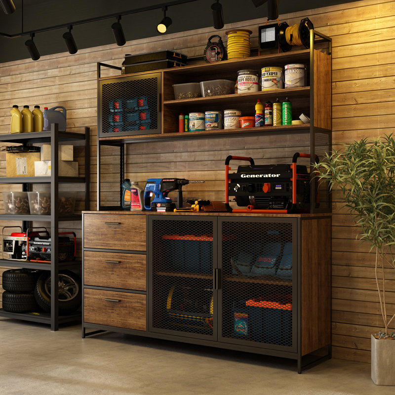 Établi de garage robuste avec grand espace de rangement et comptoir renforcé, Noir / brun