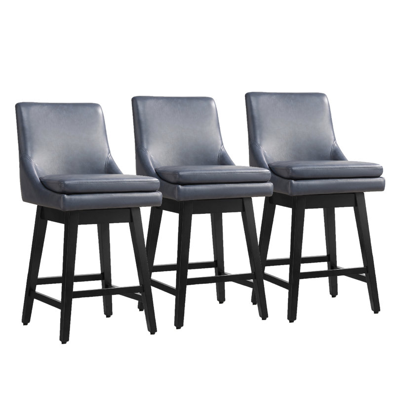 Aleksy Swivel Upholstered Faux Leather Counter Stool with Solid Wood Frame, Navy Blue