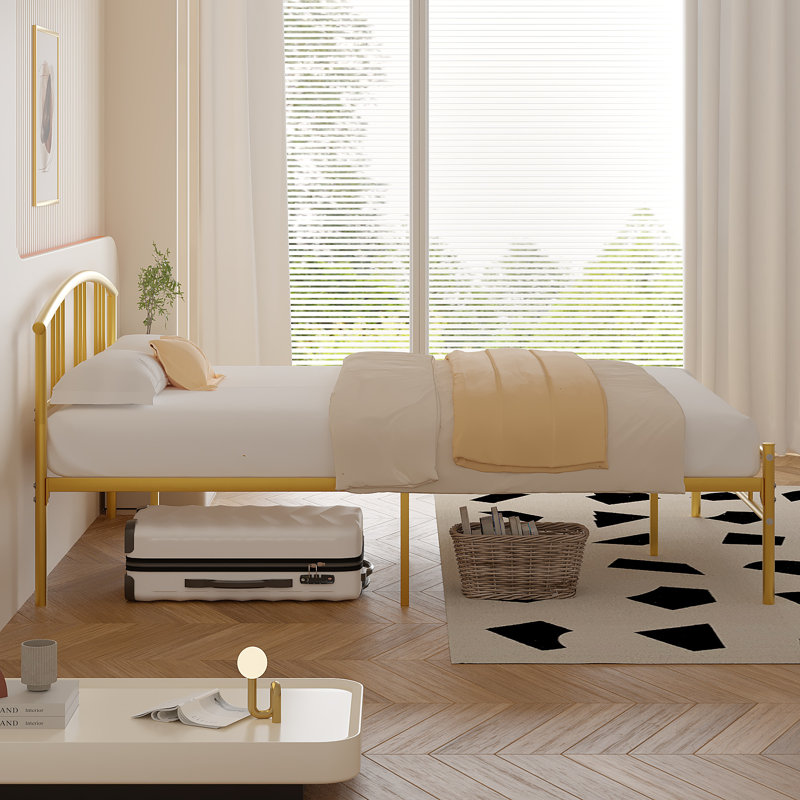 Full Size Metal Platform Bed Frame with Curved Headboard, Steel Slat Support, No Box Spring Needed, Modern Glam Style, Full