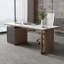 Bureau à 3 tiroirs gris + café + pierre frittée rectangulaire dorée + bois manufacturé + acier inoxydable-118734289-118734291