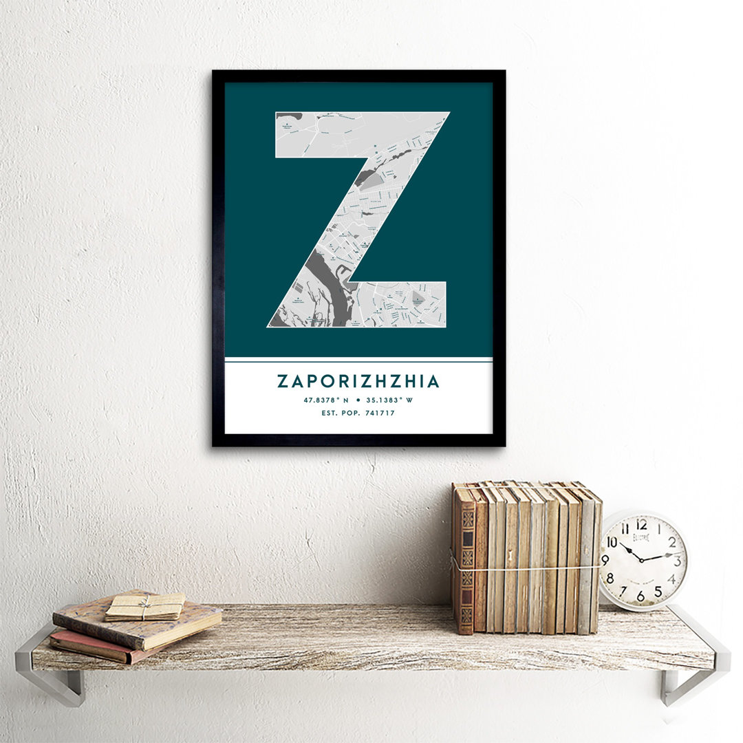 Zaporizhzhia City Map Zaporizhzhia Teal - Single Picture Frame Typography