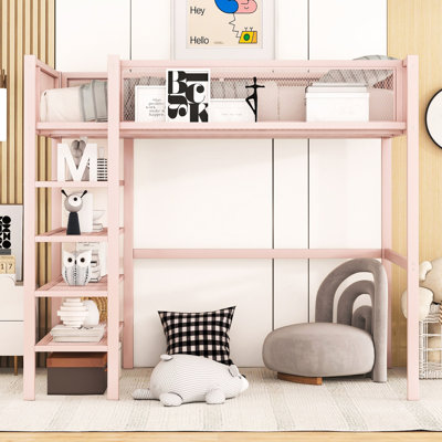 Lit mezzanine en métal pour lit simple en rose avec tablette de rangement latérale - Gardez vos effets personnels à portée de main et 4 tablettes