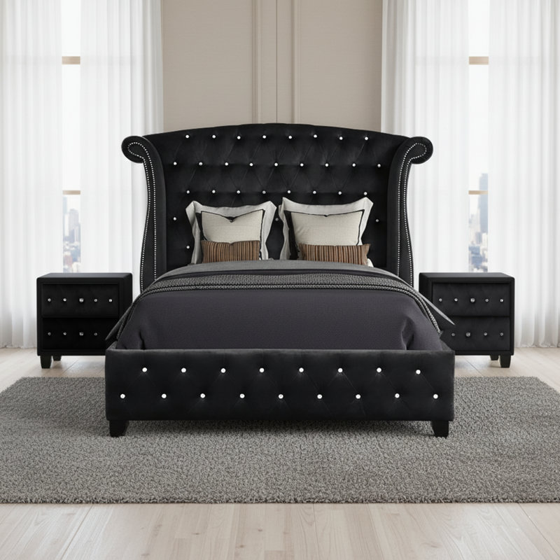 Mithil Queen 3PC Bedroom Set Black, 3 Pieces: Bed, 2 Nightstands, Queen, Black