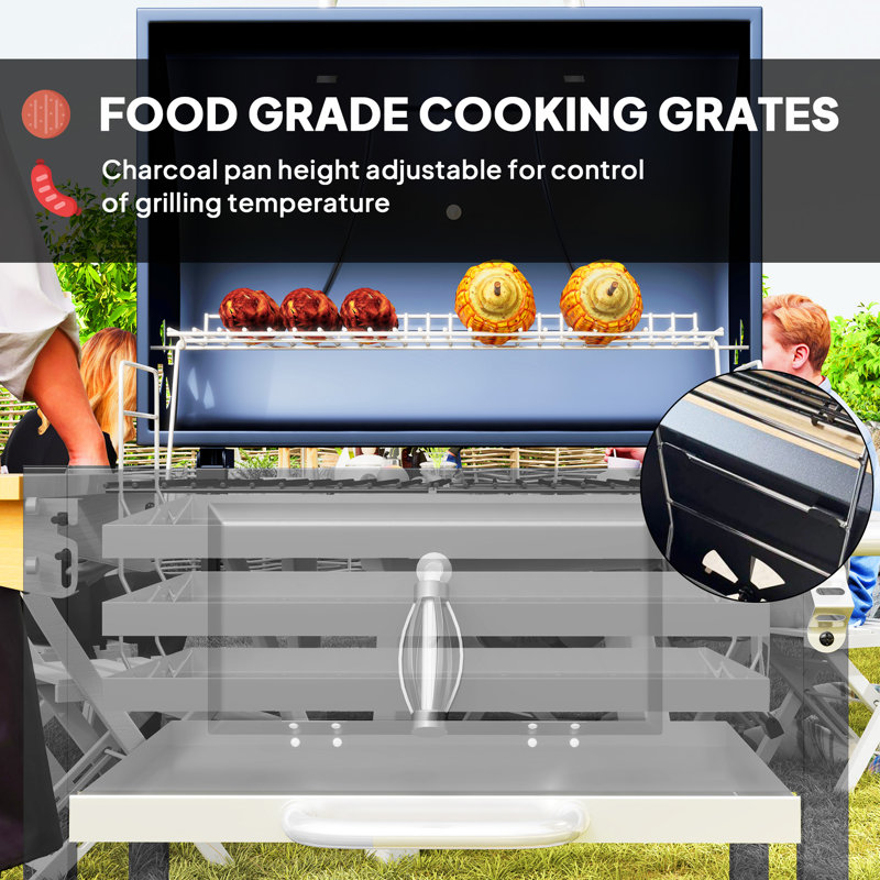 Barbecue au charbon, cuiseur portatif extérieur pour le pique-nique du camping ou de la cour arrière, barbecue avec table d'appoint, tablette de rangement inférieure, roues et poignée, noir