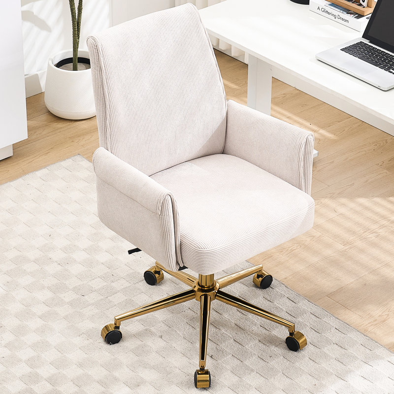 Chaise de bureau blanche à dossier moyen avec velours côtelé, dossier ergonomique et base dorée stable avec velours côtelé pour l'équilibre