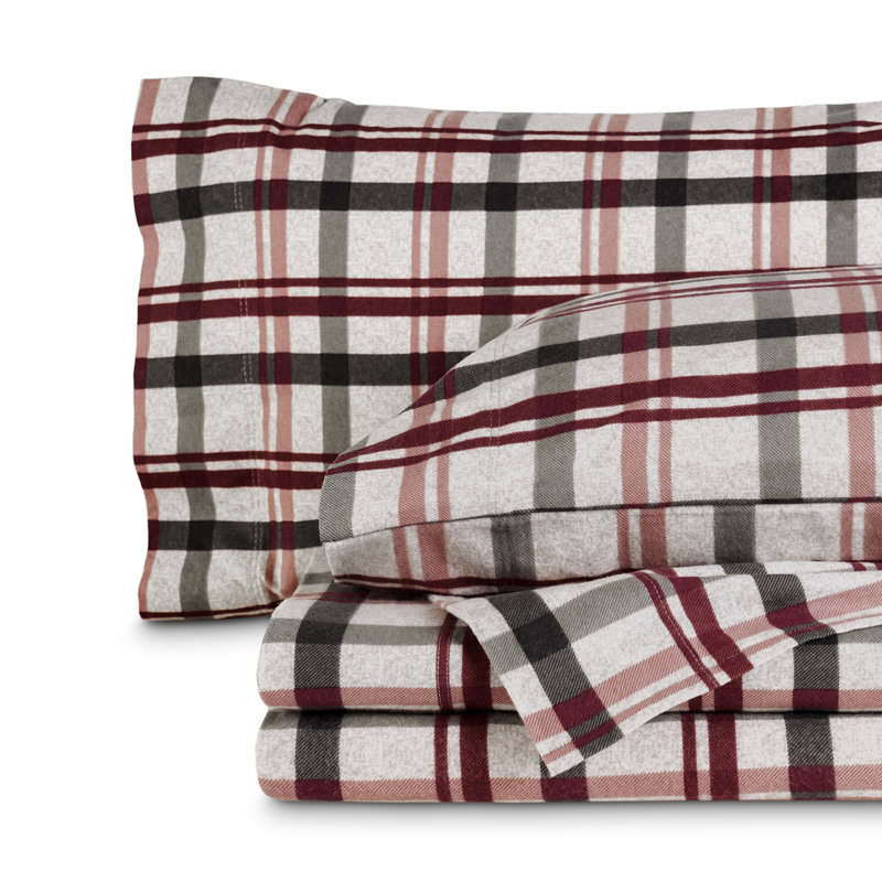 Ensemble de draps 100% flanelle de coton, Ensemble de draps très grand californien avec 2 t, Tissu écossais nordique noir