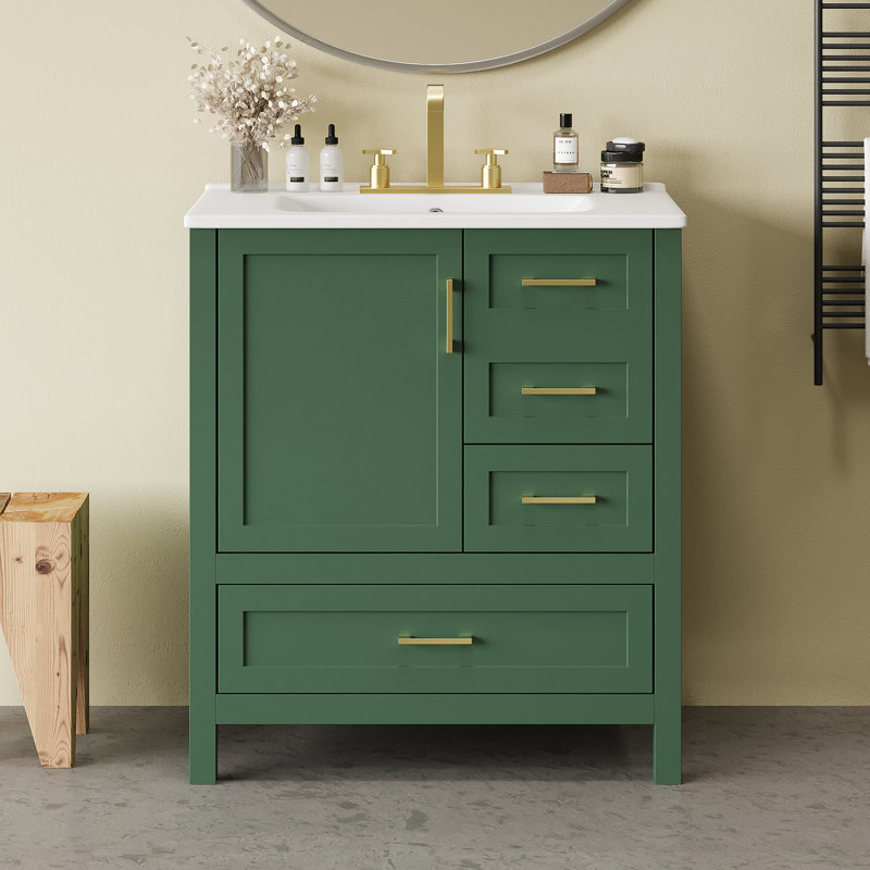 Meuble-lavabo simple 30 po avec comptoir en céramique, Vert / doré